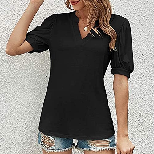 uikmnh женска маица маица летна блуза мета подуена ракав монохроматска кошула со краток ракав