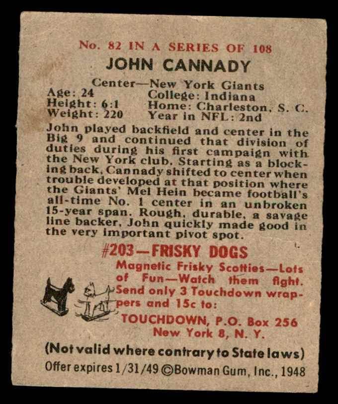 1948 Bowman 82 John Cannady New Yorks Giants-FB Dean's Cards 2-Good Giants-FB