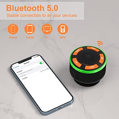 Bluetooth звучници, SSOWAO IPX7 Водоотпорен звучник за туширање, LED шарени светла, FM радио, чаши за вшмукување, заштитено звучник за