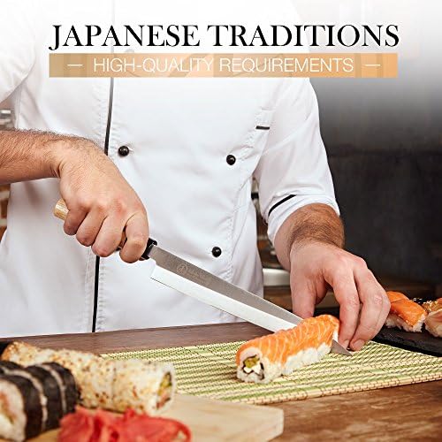 Среќа готвач Сашими нож за суши 10 инчи - Совршен нож за сечење суши и сашими, филе за риби и исечување - многу остра сечило