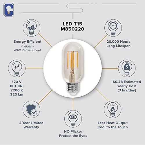 Candex Антички Затемнувачки Килибар T15 LED 40w Еквивалентна Сијалица, Топол Килибар 2200K, Филамент LED 4w Сијалица, Е26 Стандардна