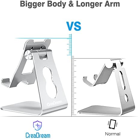 Cradream Прилагодлив мобилен телефон Стенд за биро, држач за алуминиумски десктоп со поголема каросерија и подолга рака, вечера стабилност,