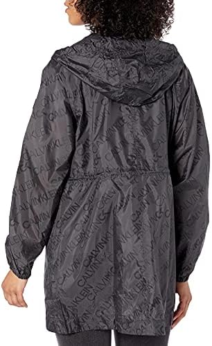 Calvin Klein Performance Women's Logo Logo Print High Two Hep Hooded јакна со прилагодливи банџиски половини и џебови за поштенски