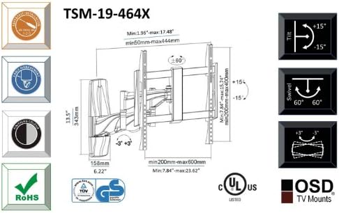 ОСД Аудио ТСМ-19-464Х Универзална Монтажа На Ѕид Со Целосно Движење за 32-инчен ДО 60-инчен ТЕЛЕВИЗОР