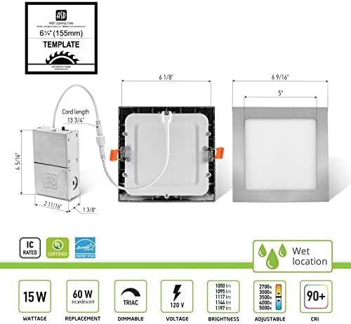 ASD 6 Инчен Ултра Тенок КВАДРАТЕН LED Вдлабнато Осветлување Со Четкан Никел, 5 CCT 2700K-5000K, 15W 60W Eqv, Затемнувачко Осветлување