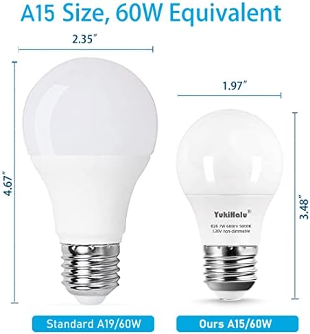 LED Светилки Yukihalu A15, 60W Еквивалент, E26 База, 5000k Дневна Светлина Бела, 7W 600 Лумени 120V, UL Наведени, Тавански Вентилатор Светилки,