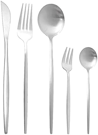Сет за сребрени производи Onuifike, 5 парчиња бело злато мат вечера поставена 304 нож од не'рѓосувачки челик салата вилушка лажица