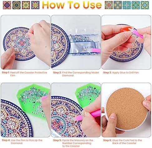 DHAIQC 9 PCS Diamond Saftions Painters Coasters со сопственик, DIY Mandala Square Coaster Diamond Art Kits за возрасни деца почетници