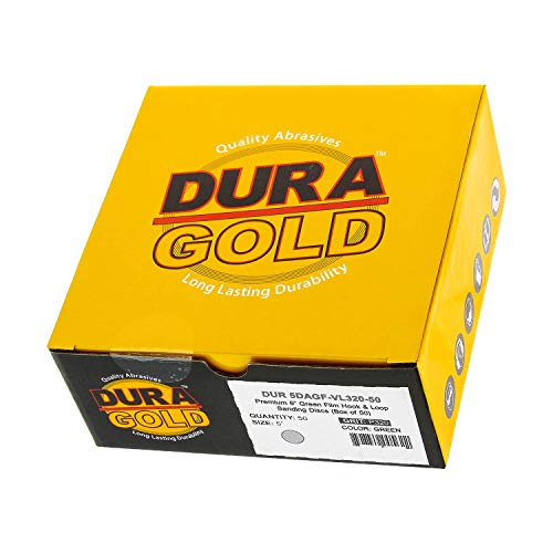 Dura -Gold 5 Зелен филм ПСА дискови за пескарење - 320 решетки и 5 кука и јамка да Сандер подлога за подлога на плочата за поддршка