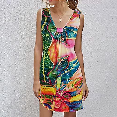 Womenените лето плажа цветни кошула без ракави лесен лабав резервоар фустан V-врат Цветен фустан 2022