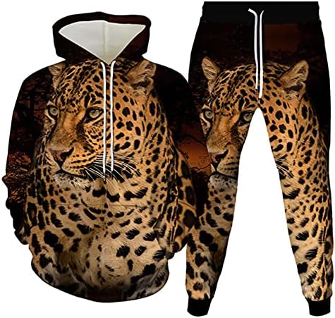 Машко 3Д печатено животно леопард 2 парчиња тренерки плус големина худи и панталони Sportweat Set
