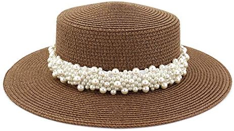 Adahop Women Women Boater Strabat Hat Outdoor Seaside Beach Sun Sun Flat Sun Sun Caps со широк бисер за декорација бенд женски