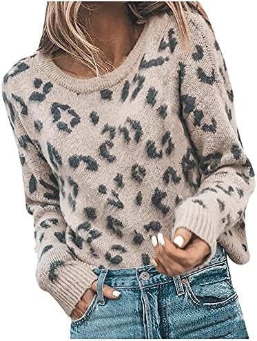 Lijcc v-врат зимски модерни долги џемпери за жени леопард печати џемпер за лепенка со долг ракав тенок вграден дел