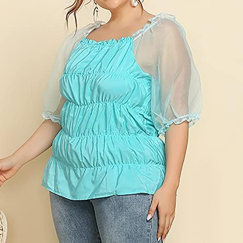 Women'sенски плус големина мрежа чиста врвови половина ракав крпеница блуза ја разоткри излишните кошули за пуловер фустани обичен