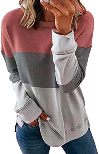 Womenенски бок -блок каузална тенок џемпер атлетски екипаж пуловер со долг ракав за надворешна облека спорт опуштена печатена туника