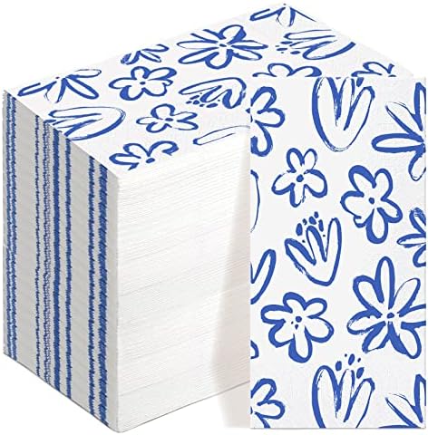 Hotop 120 парчиња сини цветни салфетки за гости декоративни рачни крпи за бања хартија за салфетка и бела свадбена забава вечера роденденски