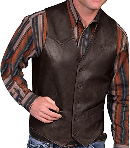 Zdfer Men's Retro Leather Leather Vest, плус копче без ракави V вратот на половината, цврста боја гроздобер елеци со џебови