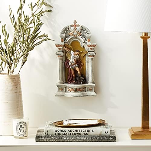 Дизајн Toscano QS28022 Ниша на Свети Михаил Архангел статуа и wallидна уметност виси, 15 инчи, полирезин, целосна боја