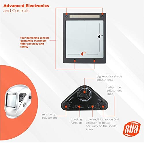 Шлемот за заварување SüA - Модел: Вектор - Автоматско затемнување - Најголема област за гледање: 4 x 4 - Фотоволтаичен напојување - Ергономска