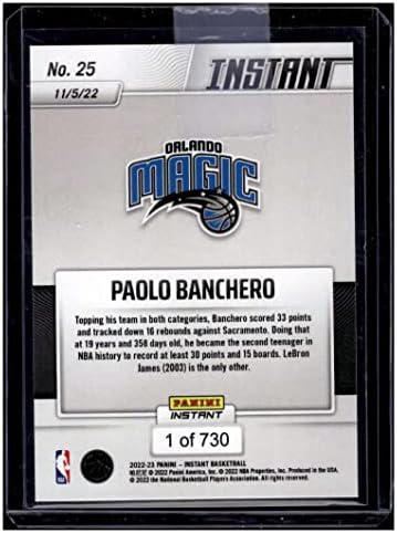 Paolo Banchero RC 2022-23 Panini Instant /730 Rookie 25 Magic Mt-Mt+ NBA кошарка