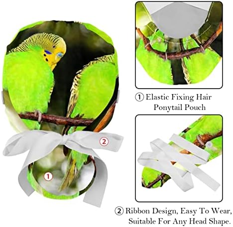 2 парчиња медицинска сестра за чистење капаци жени долга коса, зелени модрици со двојни гранки на дрвја, прилагодливо работно капаче со копче