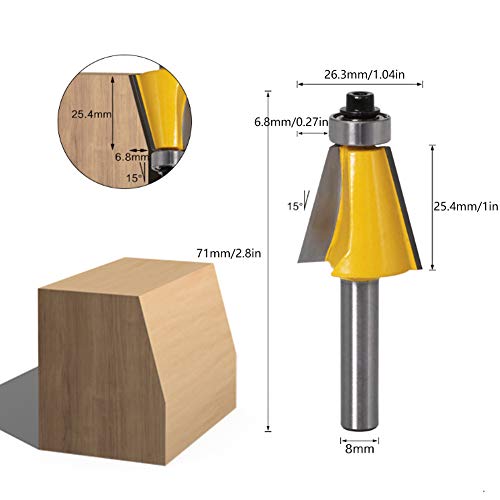 FtVogue 8mm Shank Bevel Router Router Bit со лежиште секач за мелење на мелење на дрво [15 °], секач за мелење