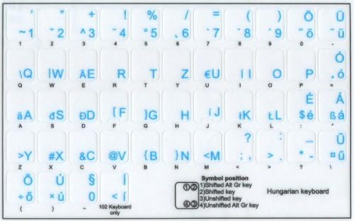 Унгарската Тастатура Налепници Со Сини Букви Транспарентна Позадина