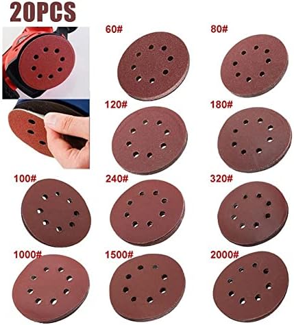 Коаус мелење 20 парчиња 125мм 5 инчи дискови за пескарење на кука јамка 8 дупки за шкурка на дупки поставени 40grit-3000grit Сандер дискови