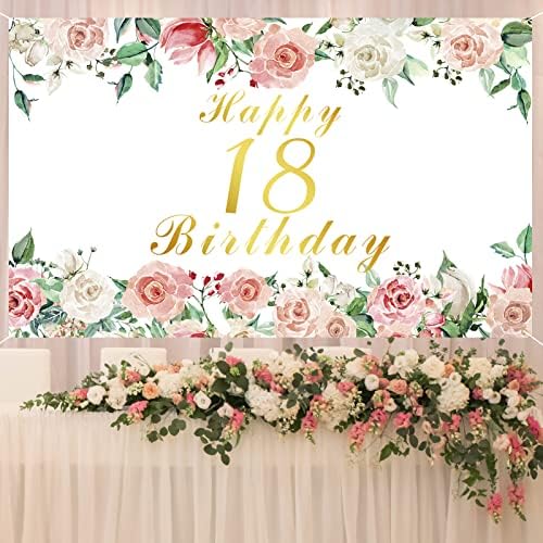 Vlipoeasn Бела 18 -та роденденска забава украси за девојчиња, розово злато рози цветни транспаренти Среќна 18 -ти роденденска