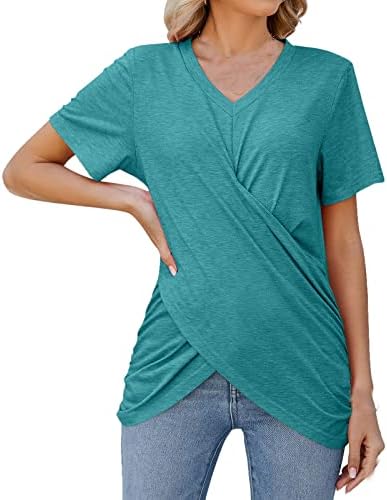 QCEMENI летни женски маици со крцкави врвови на вратот против вратот со кратки ракави кошула 2023 Трендовски обичен цврст тенок