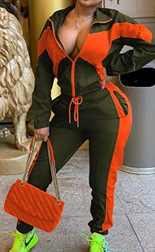 Женски крпеница во боја блок -тренерска тренерка 2 парчиња облеки обични долги ракави целосни панталони за патенти со џебови пот.