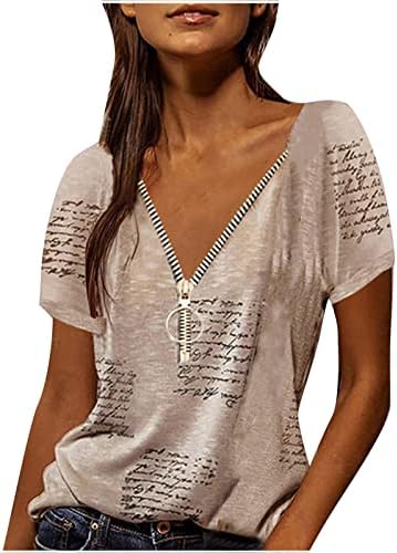 lcepcy жени плус големина трендовски кошули длабоко v вратот поштенски предни туники букви отпечатени блузи со краток ракав, обични врвни