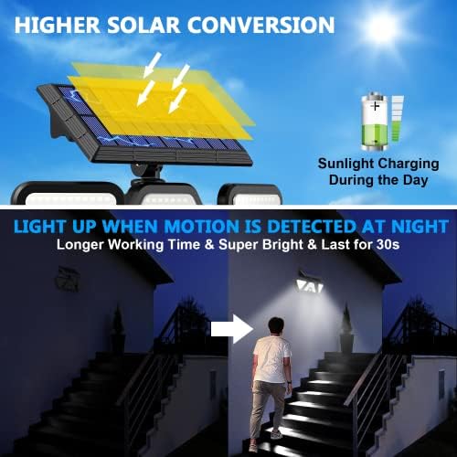 Сензор за движење на движење на Neloedony, светла на отворено, 203 LED светла со соларна поплава, 3 глави соларни светла на отворено