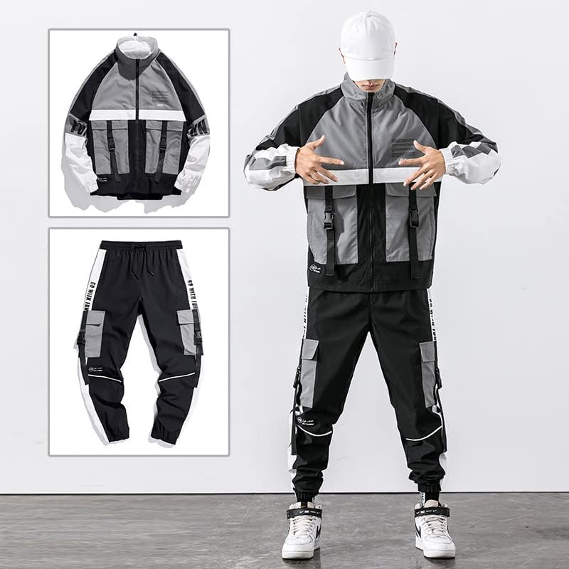 Јакна за работна облека за хип хоп, машка тренерка 2 парчиња поставува бејзбол лабава патент панделки палто долги панталони мажи