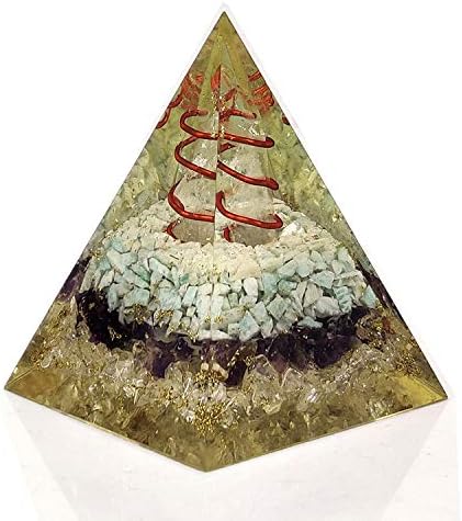 Оргонит Нубијан геометриски оргонитна пирамида направена со аметист, кристален кварц, Ларимар, кристален кварц молив, златна фолија