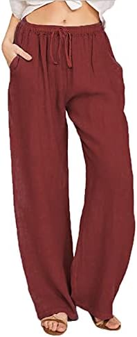 Lcepcy постелнина панталони жени високи половини широки панталони за нозе лабави вклопуваат лесни летни пакувања со џебови