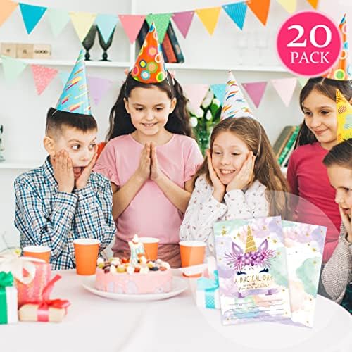 Покана за Роденден За Девојчиња, Виолетова Облак Еднорог Украси За Роденденски Забави, 20 парчиња Покани со 20 Пликови