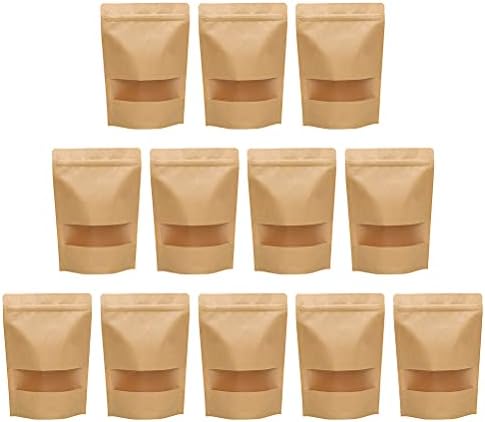 Cabilock 50 парчиња Крафт Хартија Застане Кеси За Повеќекратна Употреба Вентил Торбички Прозорец Храна Чај Запечатување Кеси