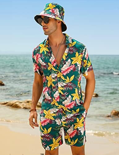 Копче за цвеќиња на мажите Ајшопеер надолу на Хавајските поставува обични кошула со краток ракав и костуми за шорцеви