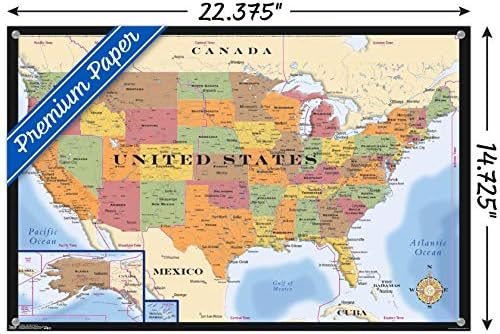 Карта - Постери за wallидови со временски зони во САД со иглички за притискање