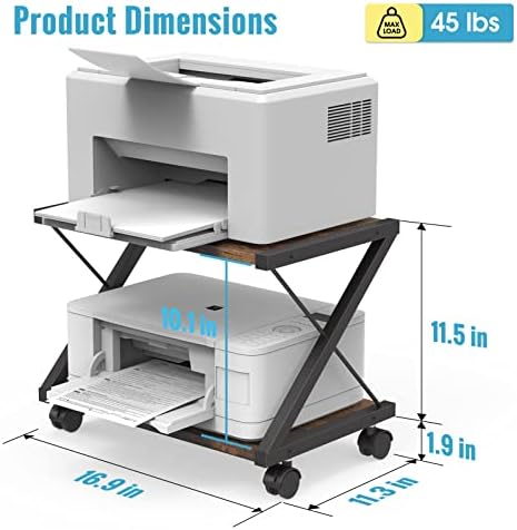 Maxgear под штандот за печатач на биро, 2 нивоа за тркалање на печатачи со 4 тркала, табела за печатач на дрво десктоп со анти-лизгачки влошки,