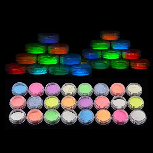 Baiyiyi сјај во темниот прав, пакет од 24 светлечки пигмент во прав Ноќ флуоресцентни УВ неонски бои Промена на пигментна прашина за DIY нокти
