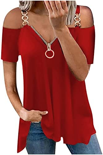 Lcepcy ладно рамо врвови за жени секси патент V врат маички ленти со кратки ракави блузи цврсти летни обични кошули
