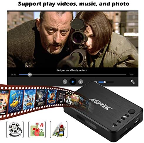 Media Player Agptek 1080p Прочитајте USB Drive/SD картичка со HD HDMI/AV/VGA излез за RMVB/MKV/JPEG итн. Со далечински управувач
