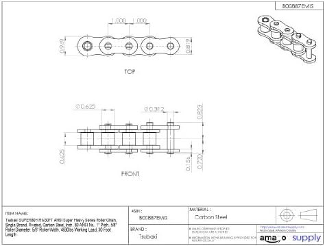 Tsubaki 80hsuperr30 ANSI Super Heavy Series Roller Chain, Single Strand, Riveted, Carbon Steel, 80 ANSI No., 1 Pitch, 5/8