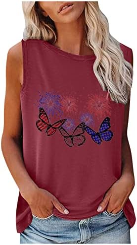 Летни резервоари за жени за жени Американски знамиња графички маички модни обични печати Хенли без ракави кошули проточна маица Туника