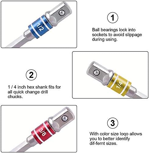 Флексибилен сет за продолжување на бит за вежбање, вклучува 105 ° десен агол вежба, продолжение за бит за вежбање, 3PCS 1/4 3/8 1/2 HEX SHANK Адаптер за приклучок/продолжение