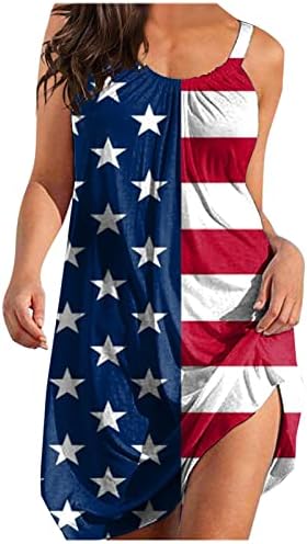 4 јули Фустани На Плажа За Жени Летен Лежерен Бохо Фустан Американско Знаме Лажичка Без Ракави Течен Мини Сарафан