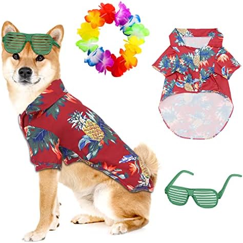 Smxxo 3 парчиња кошула на хавајски кучиња, облека за кученца облека со ладни очила за сонце од бленда и разнобоен сет на венец, кучиња летна кошула
