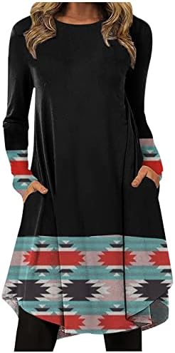 Jjhaevdy женски ретро моден обичен печатен печатен врат пулвер, лабав фустан со долг ракав